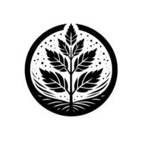 A minimalist black and white featuring a stylized tree within a circular frame, adorned with small dot details, embodying a sense of growth and nature. vector