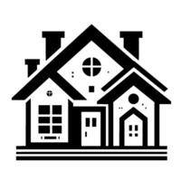 A geometric and minimalist blackandwhite illustration of a stylized residential house with a classic architectural , featuring chimneys and a multigabled roof. vector