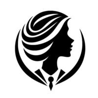 Silhouette of an elegant woman in a suit framed by a stylized circular with flowing hair, a symbol of professionalism. vector