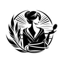 Elegant Silhouetted Woman in Japaneseinspired Attire with a Hairbrush, Set in a Circular Frame with Botanical and Radial Elements. vector