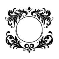 Elegant Black and White Floral Frame with Circular Center, Adorned with Detailed Leafy Elements and Decorative Accents. vector