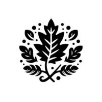 Stylized Black and White Emblem A Central Maple Leaf Encircled by Ornamental Foliage and Dots, Suggesting Natures Symmetry. vector