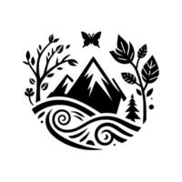 Serene Black and White Circular Nature Mountains, Forest, Flowing River, Butterfly. Minimalist. vector
