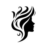 Silhouette of a woman with flowing, stylized hair, created with bold black lines and curves, set against a pristine white background. vector