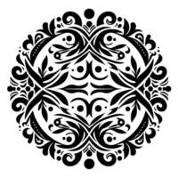Symmetrical Black and White Floral Mandala with Curvilinear Patterns, Dot Details, and Leaf Elements on a Pure White Background. vector