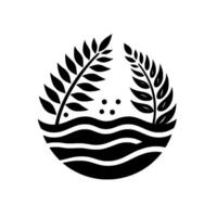 A minimalist black and white featuring stylized leaves within an oval frame, above wavy lines symbolizing water, with dotted elements. vector