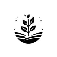 Minimalist black silhouette of a growing plant with leaves, emerging from stylized farmland within a circular frame, conveying growth and nature. vector