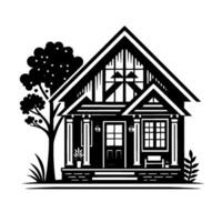 A detailed blackandwhite illustration of a charming cottagestyle house, complete with a tree, decorative elements, and a welcoming porch. vector