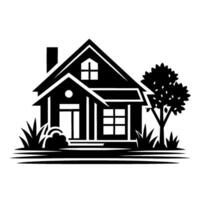 A minimalist black and white illustration of a charming house, complete with a tree, plants, and a welcoming atmosphere, perfect for real estate or concepts. vector