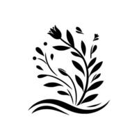 An elegant black and white floral , featuring stylized leaves, a central stem with a flower, and a flowing base, showcasing simplicity and sophistication. vector