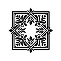 Intricate black and white square floral motif, symmetrical, elegant botanical with leaves, embellishments, and a central open space, minimalist aesthetic. vector