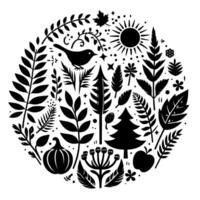 Silhouette Circle A Black and White Illustration Featuring a Bird, Sun, and Various Nature Elements within a Circular Composition. vector