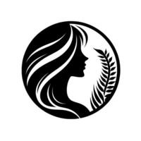 Elegant Black and White Silhouette of a Woman within a Circle, Featuring Flowing Hair, and a Branch. vector