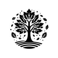 A Bold Black and White Illustration of a stylized Tree with a full crown, surrounded by falling leaves and dots within a circular composition, on a white background. vector