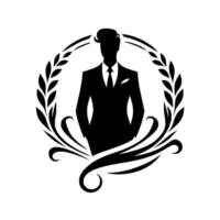 Elegant black silhouette of a suited man, framed by a laurel wreath and decorative flourishes, showcasing sophistication and style on a white background. vector