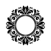 Ornate Black and White Circular Floral Frame on a White Background, Featuring Detailed Foliage and a Central Empty Circle for Customization. vector