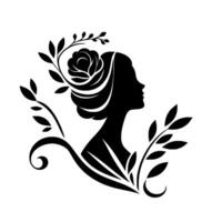 A classic black silhouette of a womans profile adorned with a rose, encircled by stylized leaves and branches, creating an elegant floral emblem. vector