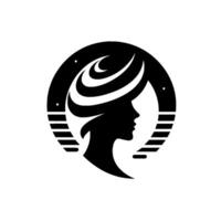 A sleek, monochrome showcasing a womans silhouette within a circular frame, incorporating abstract, layered elements and a minimalist aesthetic. vector