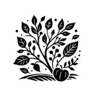Stylized Silhouette of a Foliate Motif a symmetrical arrangement of leaves, berries, and a pumpkin, presented in a clean, modern, minimalist style. vector