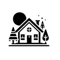 Black and white minimalist illustration of a charming house at dusk, complete with stylized trees, a bright sun, and sparkling stars. vector