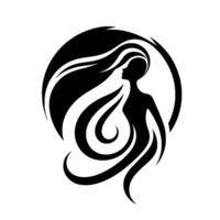 A minimalist black and white silhouette of a woman with flowing hair, encircled by a partial halo, representing beauty and serenity. vector
