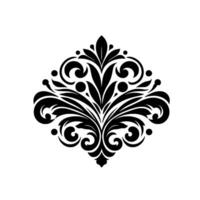 Symmetrical black floral pattern on a white background, featuring stylized leaves, curls, and dots in a classic damask . vector