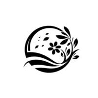 Minimalist Black and White An elegant floral within a circular frame, featuring a stylized flower, leaves, and flowing lines suggestive of nature. vector