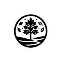 Circular black and white featuring stylized tree with leaves, dots, and land forms, evoking nature and simplicity. vector