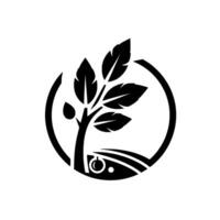 Minimalist black and white emblem featuring a tree within a circle, incorporating stylized fields, symbolizing nature and growth. vector
