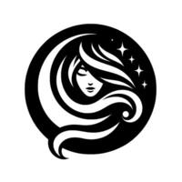 A minimalist black and white a serene female face with long, flowing hair, contained within a circular frame, accentuated with twinkling stars. vector