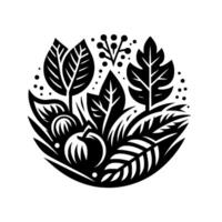 An intricate, stylized black and white botanical illustration featuring leaves, fruit, and berries arranged within a circular , evoking a sense of natural elegance. vector