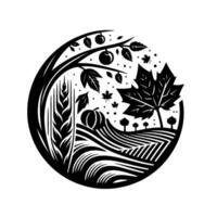 Monochromatic Autumnal Harvest Scene Wheat, Apples, Pumpkin, and Leaf within a Circular Landscape, Minimalist Aesthetic. vector