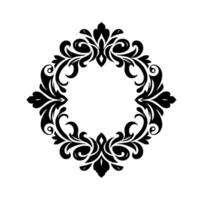 Ornate Black and White Damask Frame with Curlicues, Floral Motifs, and a Symmetrical, Circular Composition. vector
