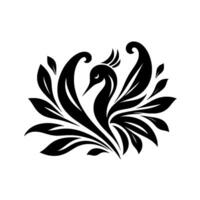 Elegant Black Swan Silhouette with Flowing Feathers and Leafy Embellishments on a White Background, Artistic and Symbolic Representation. vector