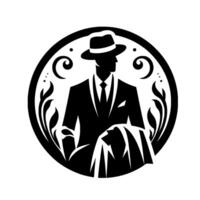 A sophisticated black and white emblem featuring a sharply dressed man in a hat, surrounded by stylized floral and decorative elements within a circular frame, conveying elegance and mystery. vector