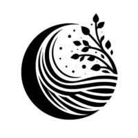 A minimalist black and white depicting a stylized tree with leaves, emerging from waterlike curved lines within a circular frame, conveying nature. vector