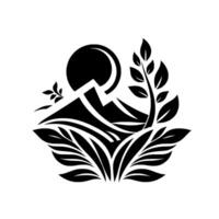 Serene Black and White Emblem A stylized landscape, featuring a mountain range, sun, tree, and foliage, symbolizing growth. vector