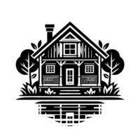 A symmetrical, minimalist black and white depicting a cozy cabin nestled amidst stylized trees and foliage, with a simple reflection. vector