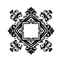 Intricate Black and White Ornamental Frame Geometric diamond shapes, stylized floral elements, and a central blank square. Perfect for elegant and invitation. vector