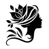 Silhouette of a womans profile adorned with floral and leaf elements, creating a harmonious blend of nature and elegance in black and white. vector