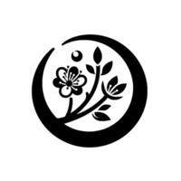 Monochromatic Floral Emblem Black White of Cherry Blossom Branch Within a Circular Frame. vector