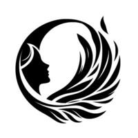 Silhouette of a womans profile within a circular frame, accented by flowing, stylized featherlike forms, in a stark black and white . vector