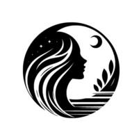 Celestial Silhouette A womans profile merges with the night sky, moon, and landscape in a symbolic, minimalist black and white circle composition. vector