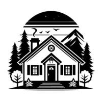 A monochrome illustration of a house nestled in a forest setting, featuring trees, birds, and a night sky with stars, rendered in a simplistic, style. vector