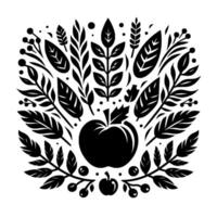 Symmetrical Black and White Apple and Foliage A stylized, minimalist, composition featuring an apple at the center, framed by various leaf and berry patterns. vector
