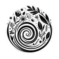 Circular Black and White Botanical Illustration A stylized composition featuring a central spiral, surrounded by leaves, flowers, and insect elements. vector