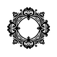 Ornate Black and White Circular Frame with Intricate Floral and Geometric Elements on a White Background, Symmetric vector
