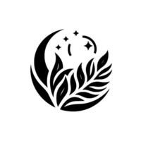 A minimalist, black and white circular emblem featuring a crescent moon, stars, and stylized leaves. vector