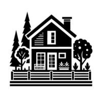 A stylized black and white illustration of a quaint house with a chimney, surrounded by trees, a picket fence, and minimalist foliage. vector