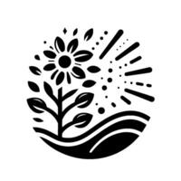 Monochromatic, stylized illustration a blossoming flower with radiating sunbeams emerging from a layered landscape within a circular frame, representing growth and vitality. vector